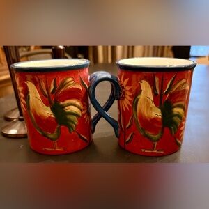 Artimino Red Rooster Handpainted Coffee Mugs 4.5” Farmhouse Country set of 2